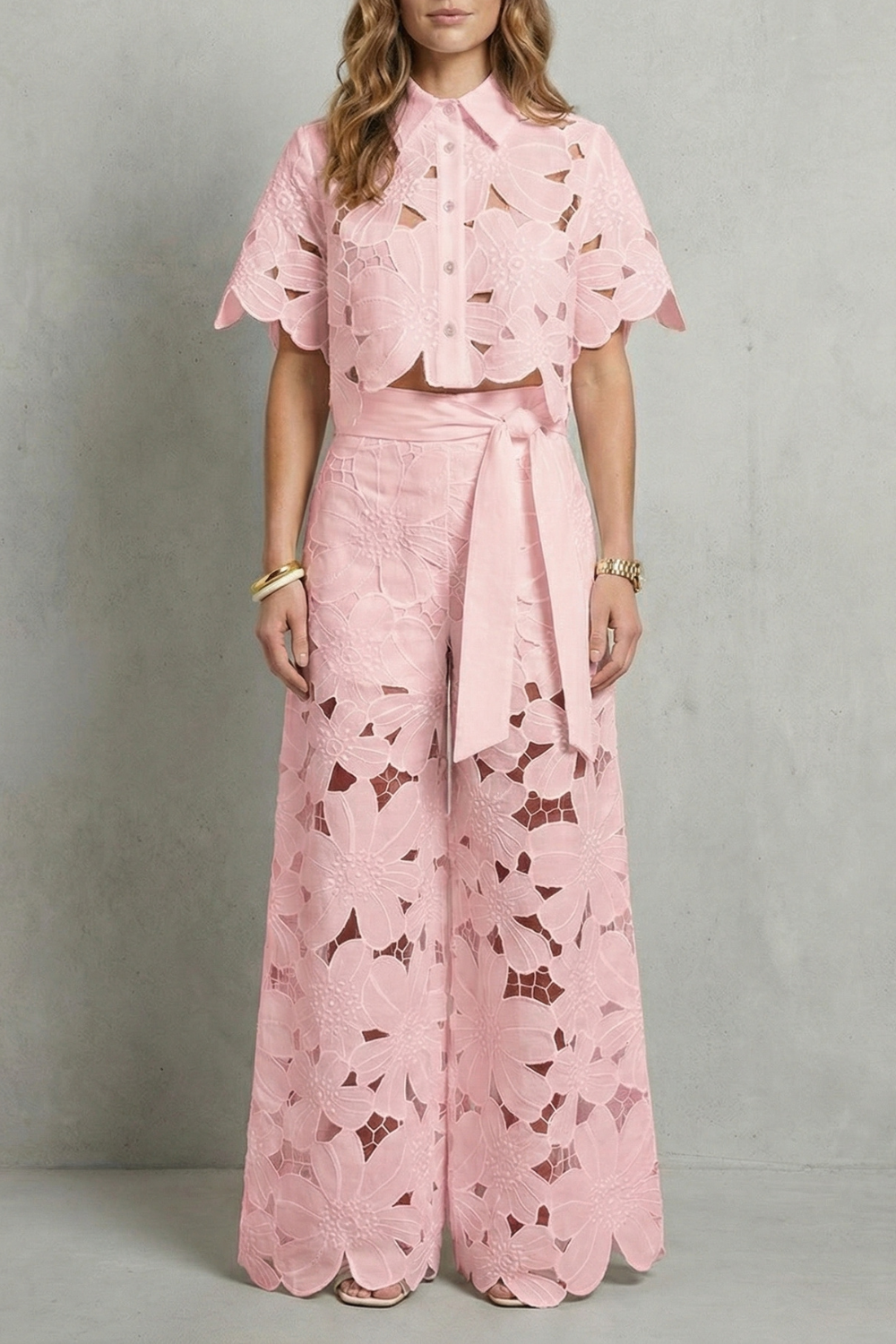 Rosalind | White Lace Two-Piece Set Floral Cutwork Wide-Leg Trousers & Crop Top for Women