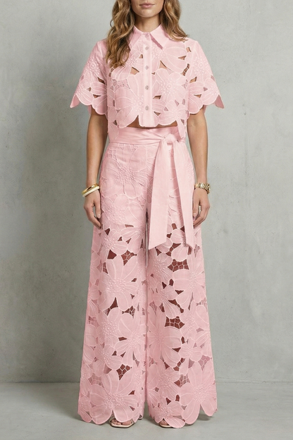 Rosalind | White Lace Two-Piece Set Floral Cutwork Wide-Leg Trousers & Crop Top for Women