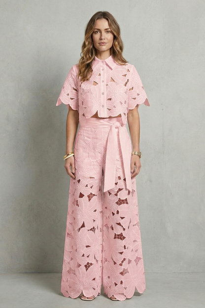 Rosalind | White Lace Two-Piece Set Floral Cutwork Wide-Leg Trousers & Crop Top for Women