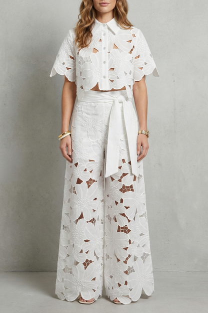 Rosalind | White Lace Two-Piece Set Floral Cutwork Wide-Leg Trousers & Crop Top for Women