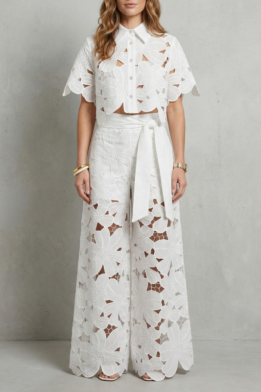 Rosalind | White Lace Two-Piece Set Floral Cutwork Wide-Leg Trousers & Crop Top for Women
