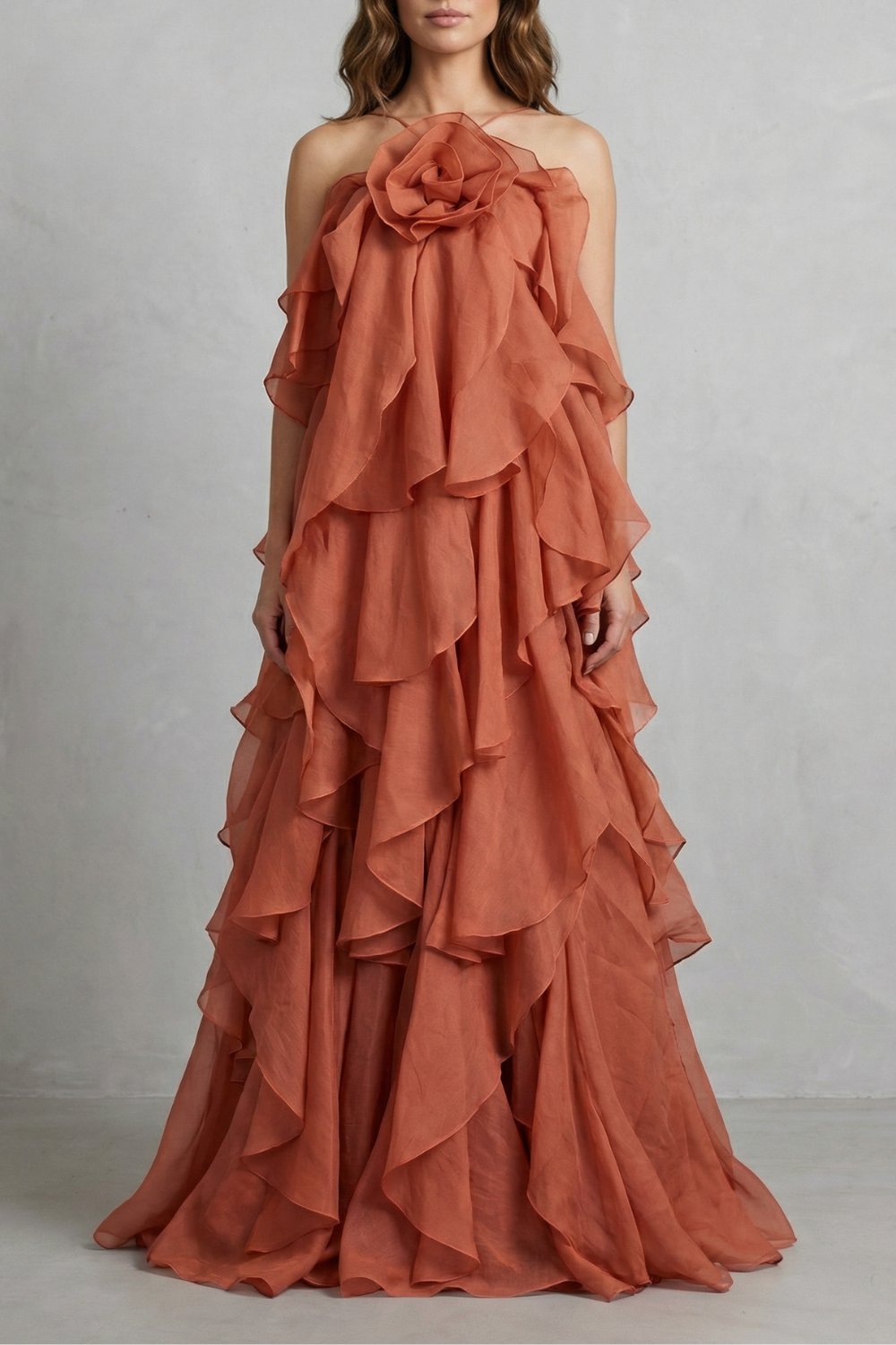 Adelaide | Maxi Dress Terracotta Organza Halter Tiered Ruffle for Women