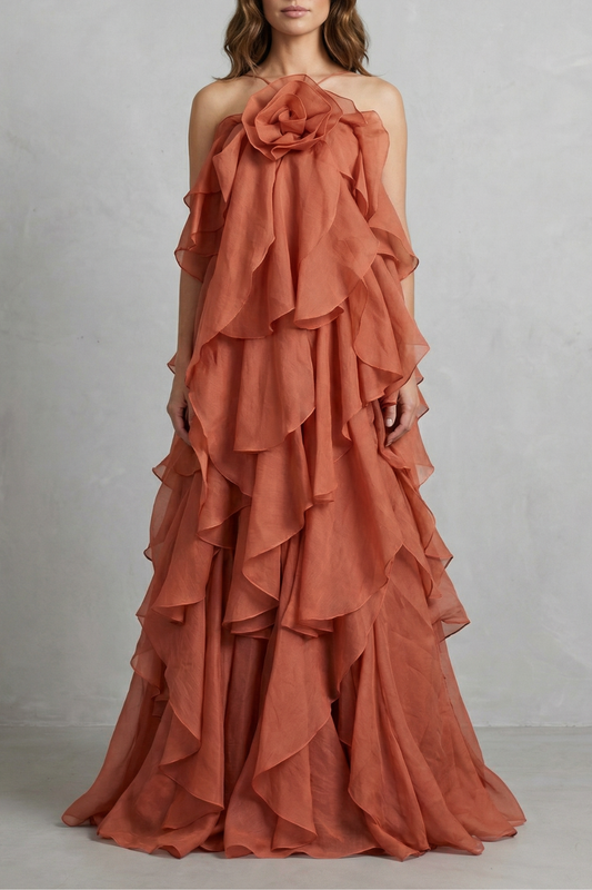 Adelaide | Maxi Dress Terracotta Organza Halter Tiered Ruffle for Women