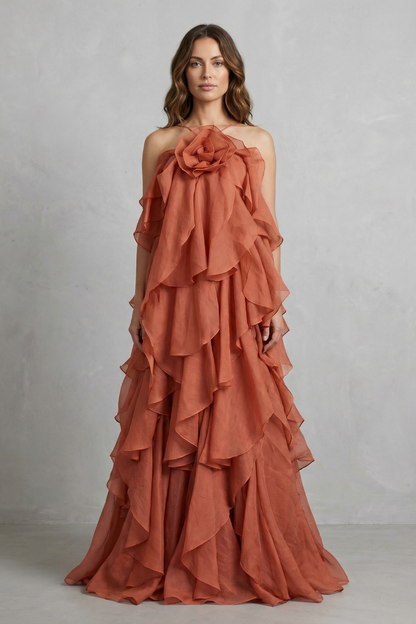 Adelaide | Maxi Dress Terracotta Organza Halter Tiered Ruffle for Women