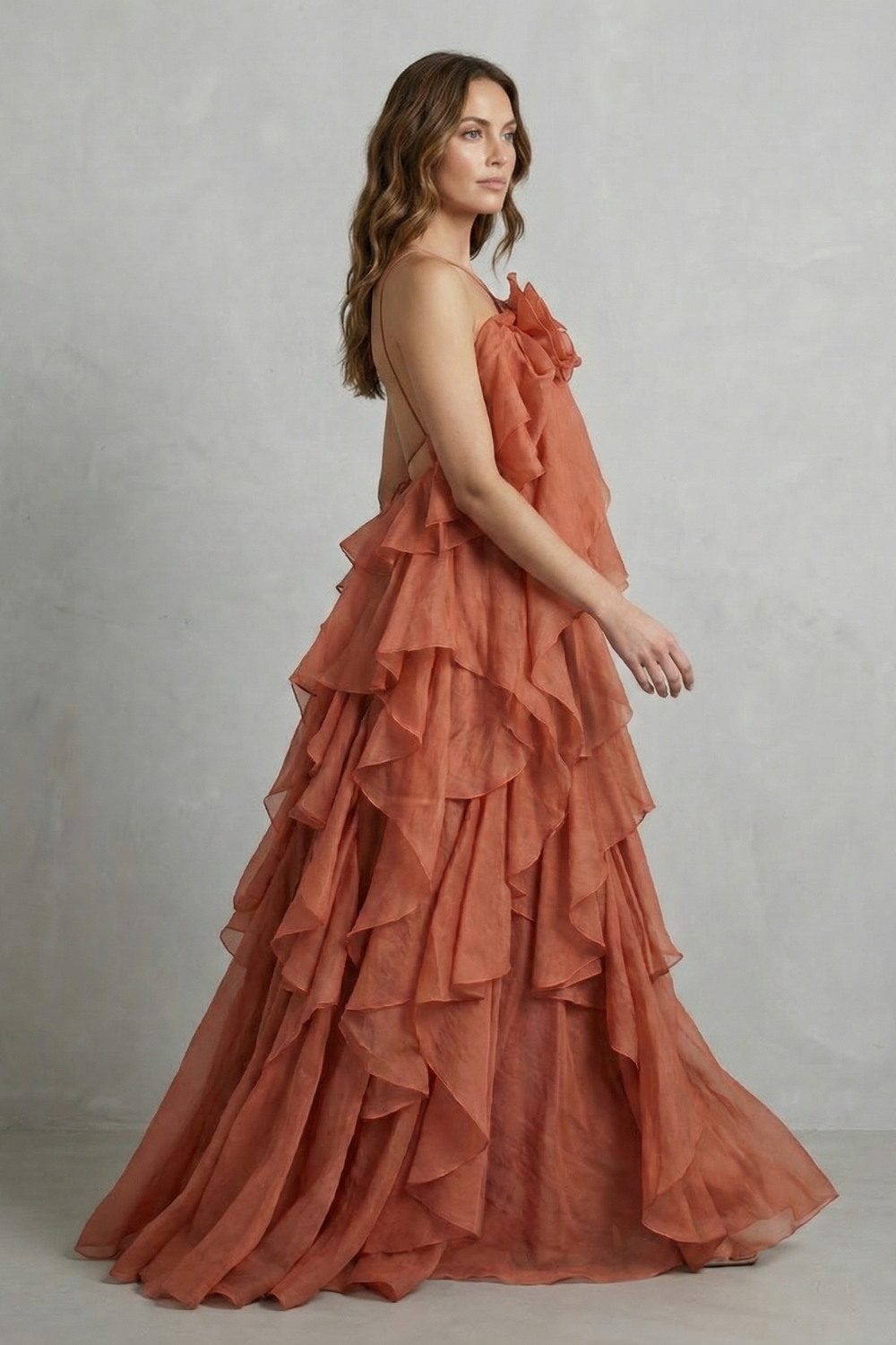 Adelaide | Maxi Dress Terracotta Organza Halter Tiered Ruffle for Women