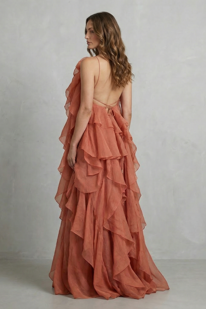 Adelaide | Maxi Dress Terracotta Organza Halter Tiered Ruffle for Women