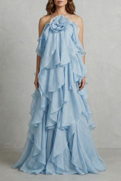 Adelaide | Maxi Dress Terracotta Organza Halter Tiered Ruffle for Women