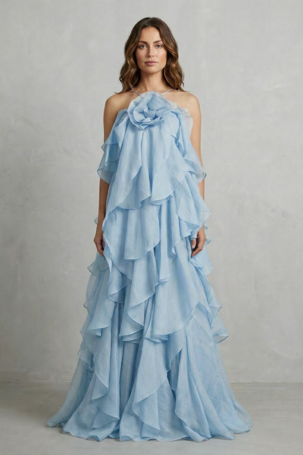 Adelaide | Maxi Dress Terracotta Organza Halter Tiered Ruffle for Women
