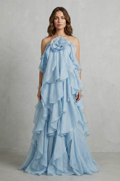 Adelaide | Maxi Dress Terracotta Organza Halter Tiered Ruffle for Women