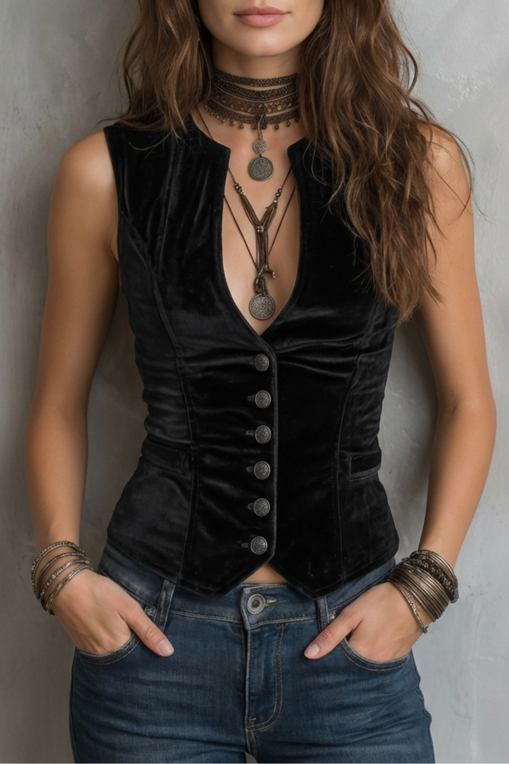Phoebe | Velvet Waistcoat Black Button-Front Fitted for Women