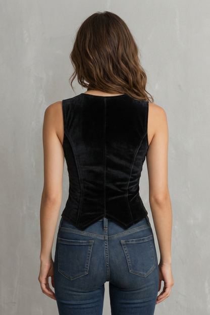 Phoebe | Velvet Waistcoat Black Button-Front Fitted for Women