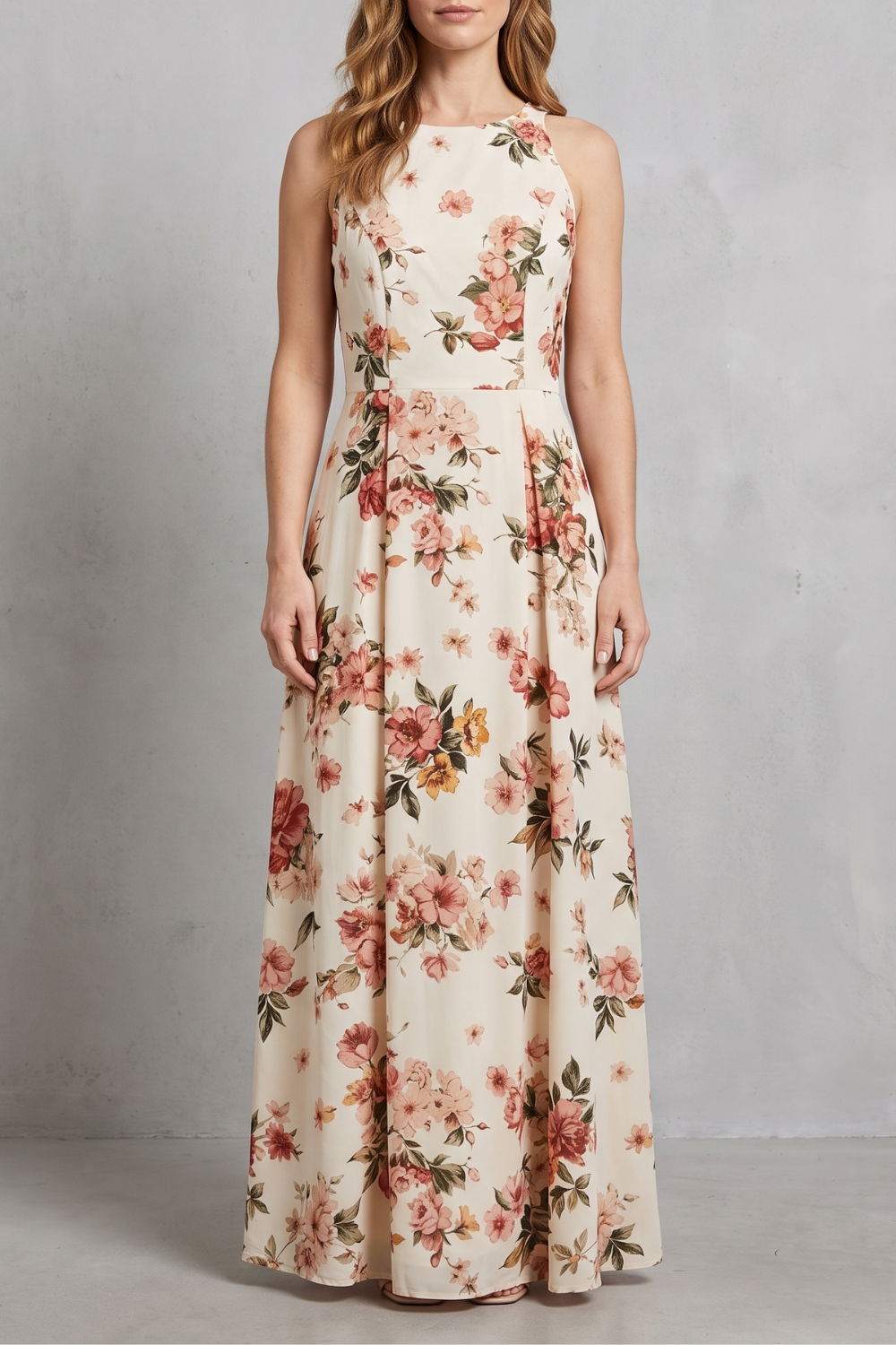 Rosalind | Maxi Dress Cream Floral Print Sleeveless A-Line for Women