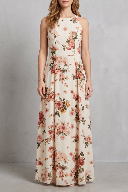 Rosalind | Maxi Dress Cream Floral Print Sleeveless A-Line for Women