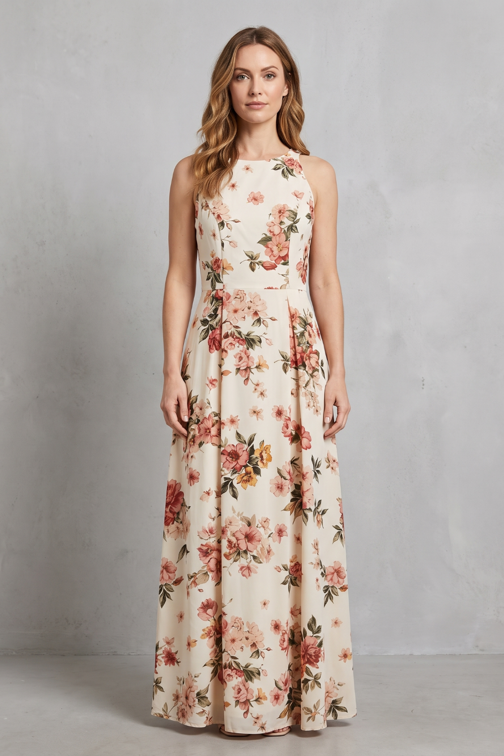 Rosalind | Maxi Dress Cream Floral Print Sleeveless A-Line for Women