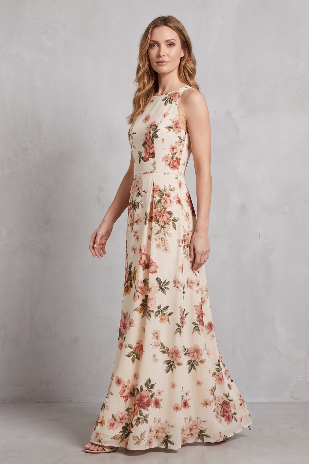 Rosalind | Maxi Dress Cream Floral Print Sleeveless A-Line for Women
