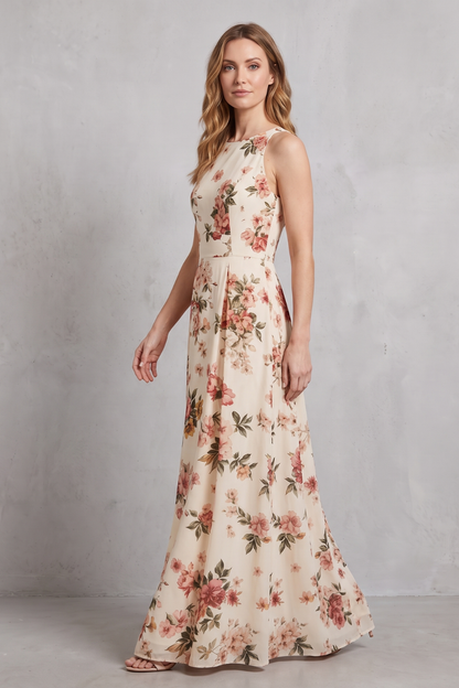 Rosalind | Maxi Dress Cream Floral Print Sleeveless A-Line for Women
