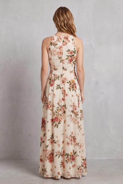 Rosalind | Maxi Dress Cream Floral Print Sleeveless A-Line for Women