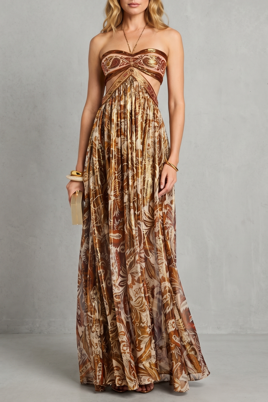 Isobel | Maxi Dress Gold Brown Paisley Print Strapless Cutout for Women