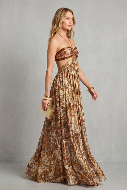 Isobel | Maxi Dress Gold Brown Paisley Print Strapless Cutout for Women
