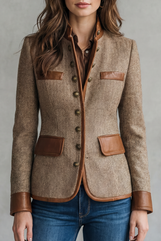 Harriet | Jacket Brown Herringbone Tweed Leather Trim Military for Women
