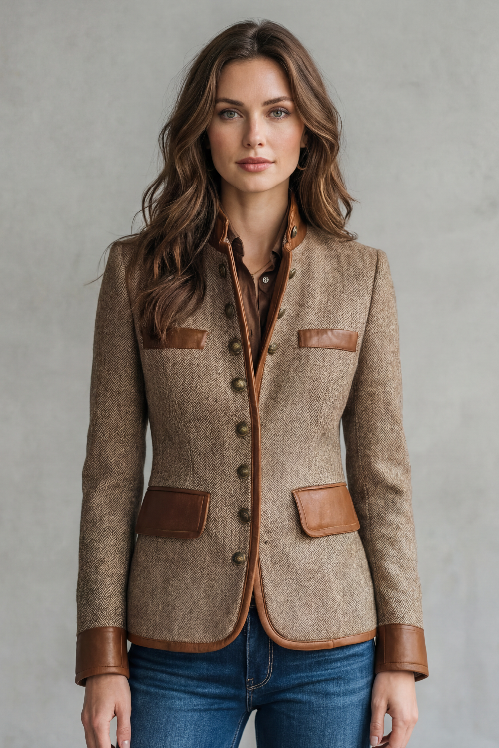 Harriet | Jacket Brown Herringbone Tweed Leather Trim Military for Women