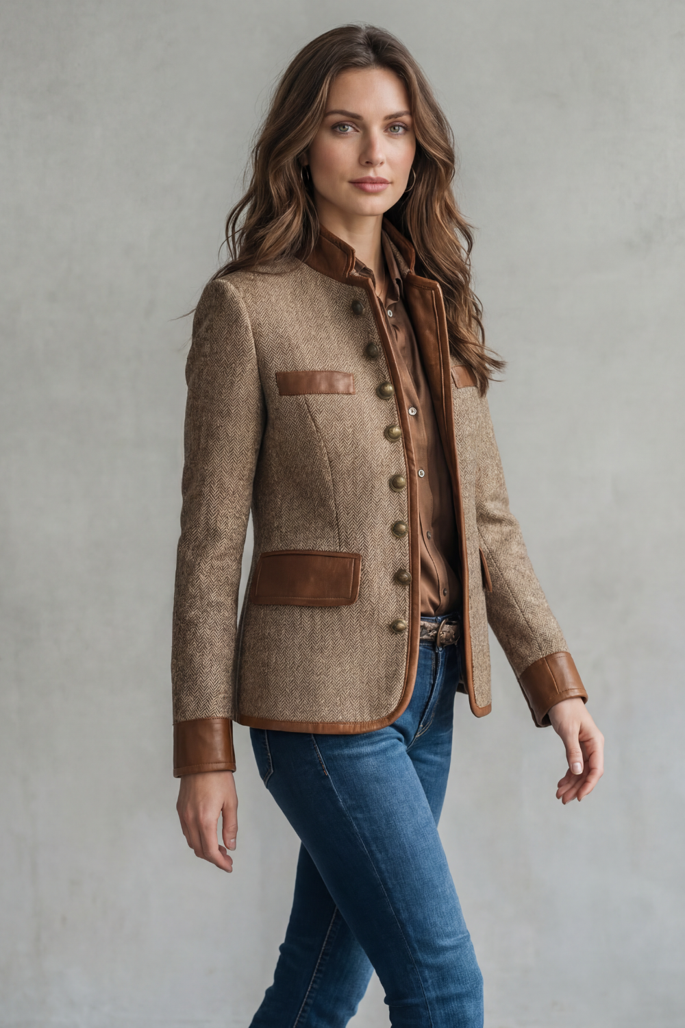 Harriet | Jacket Brown Herringbone Tweed Leather Trim Military for Women