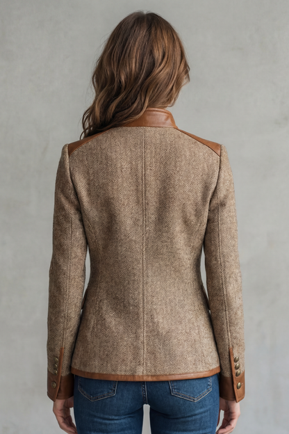 Harriet | Jacket Brown Herringbone Tweed Leather Trim Military for Women