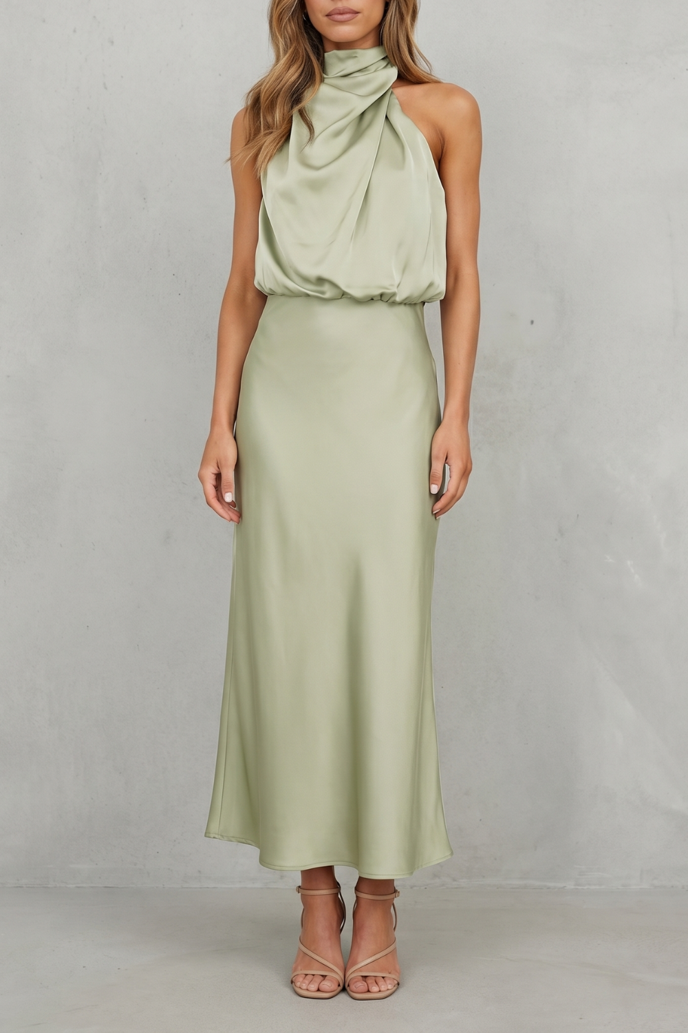 Rosalind | Maxi Dress Sage Green Satin Halter Neck Sleeveless for Women