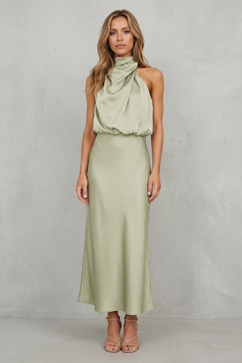 Rosalind | Maxi Dress Sage Green Satin Halter Neck Sleeveless for Women