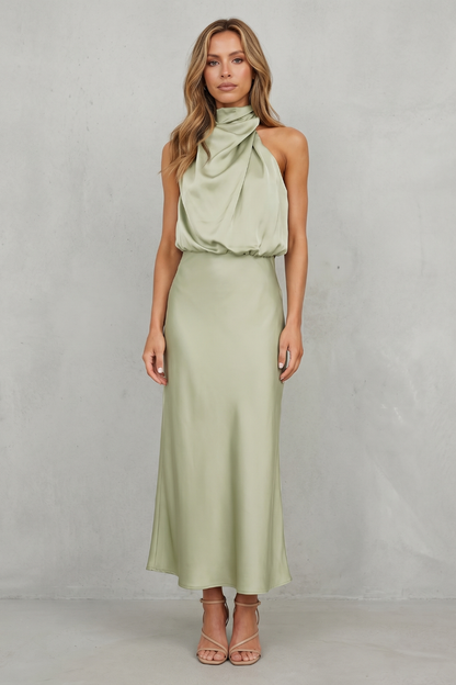 Rosalind | Maxi Dress Sage Green Satin Halter Neck Sleeveless for Women