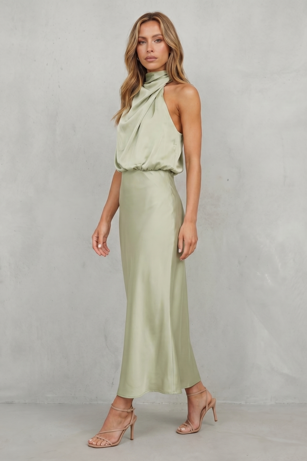 Rosalind | Maxi Dress Sage Green Satin Halter Neck Sleeveless for Women