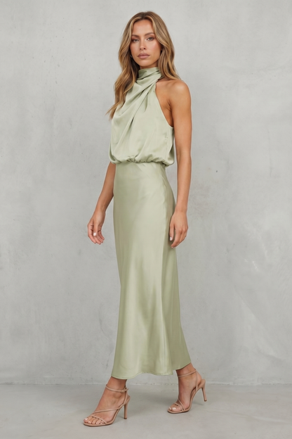 Rosalind | Maxi Dress Sage Green Satin Halter Neck Sleeveless for Women