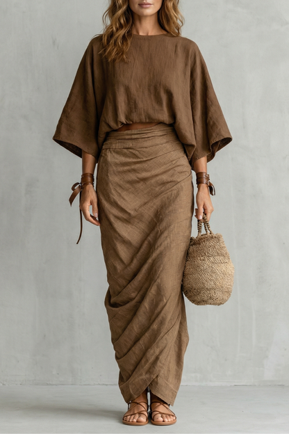 Harriet | Maxi Two-Piece Set Brown Linen Batwing Top & Draped Skirt for Women