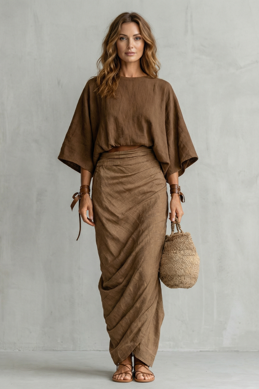 Harriet | Maxi Two-Piece Set Brown Linen Batwing Top & Draped Skirt for Women
