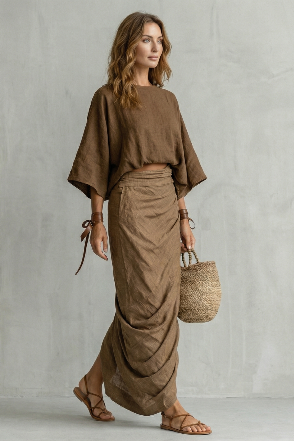 Harriet | Maxi Two-Piece Set Brown Linen Batwing Top & Draped Skirt for Women