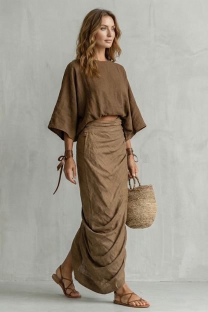 Harriet | Maxi Two-Piece Set Brown Linen Batwing Top & Draped Skirt for Women