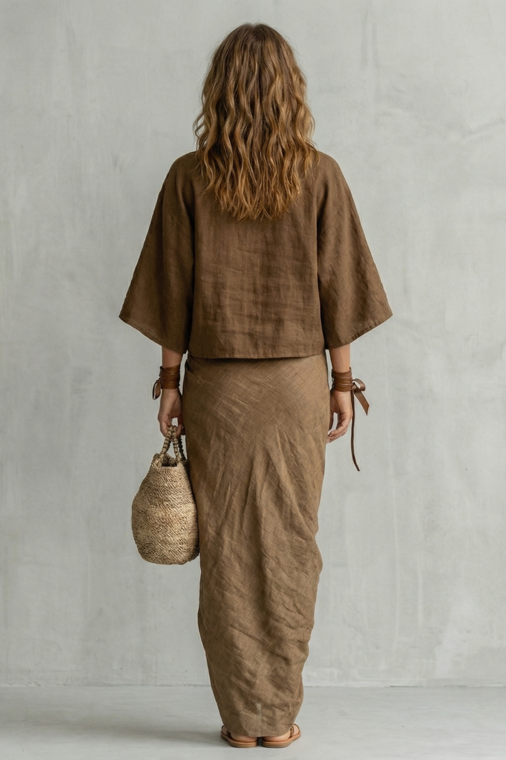 Harriet | Maxi Two-Piece Set Brown Linen Batwing Top & Draped Skirt for Women