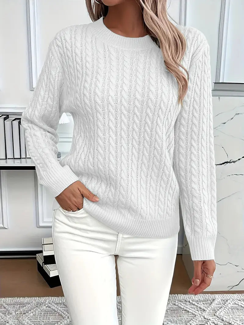 Catharine | Cable-Knit Sweater White Wool Crew Neck Long Sleeve for Women