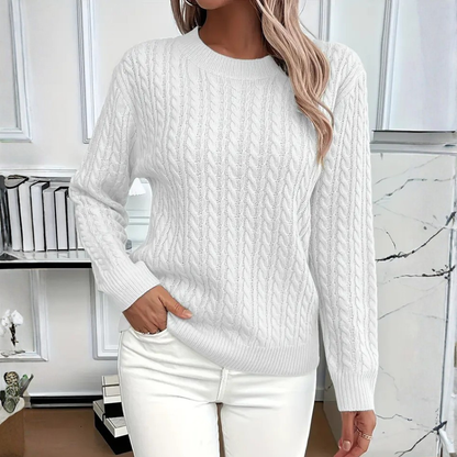 Catharine | Cable-Knit Sweater White Wool Crew Neck Long Sleeve for Women
