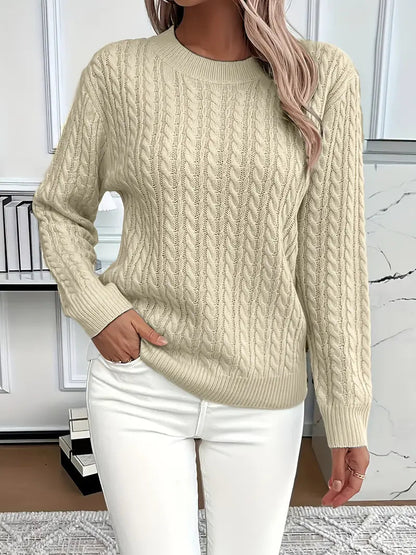 Catharine | Cable-Knit Sweater White Wool Crew Neck Long Sleeve for Women