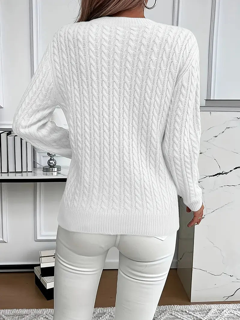 Catharine | Cable-Knit Sweater White Wool Crew Neck Long Sleeve for Women