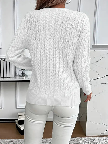 Catharine | Cable-Knit Sweater White Wool Crew Neck Long Sleeve for Women