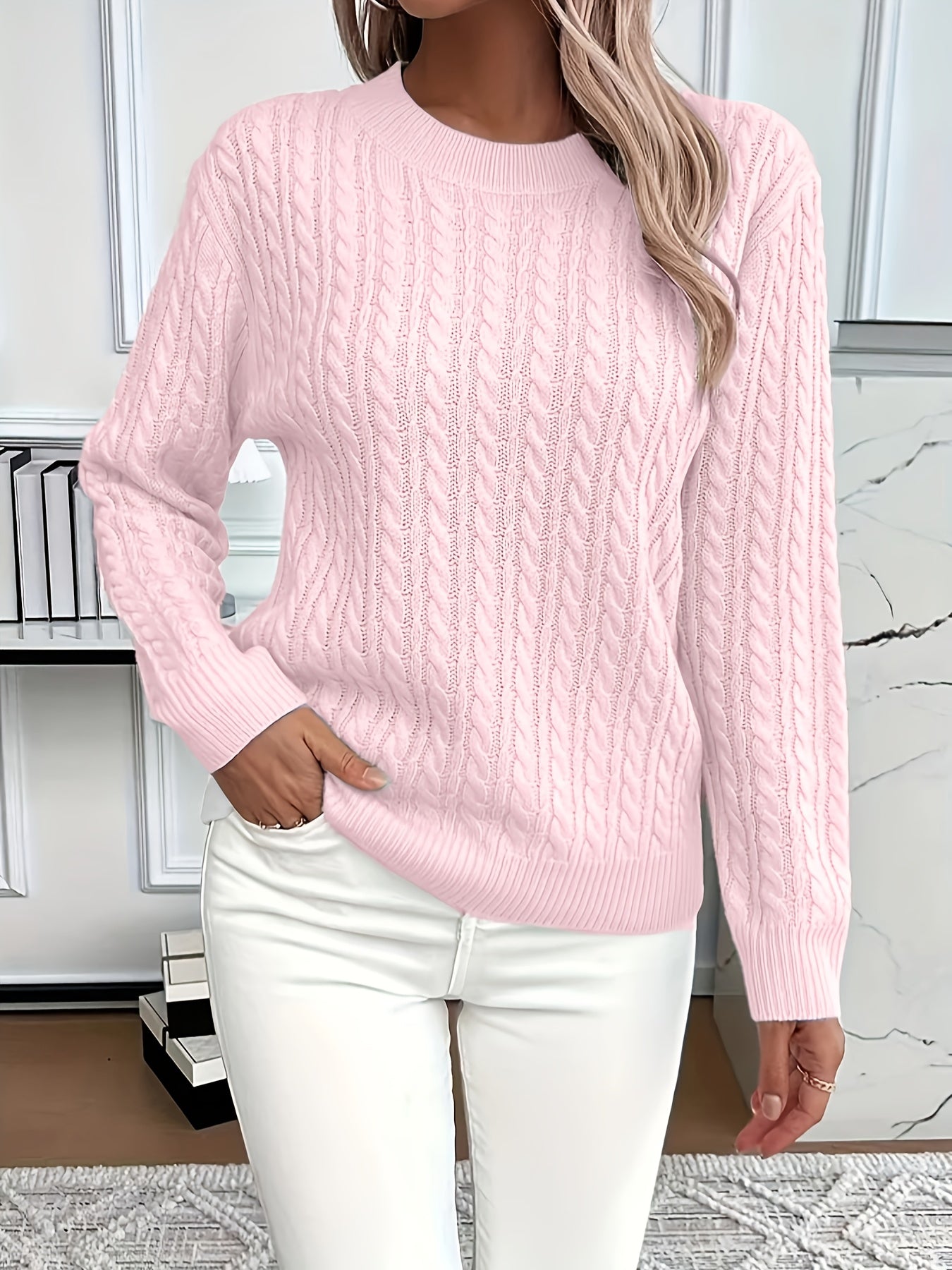 Catharine | Cable-Knit Sweater White Wool Crew Neck Long Sleeve for Women