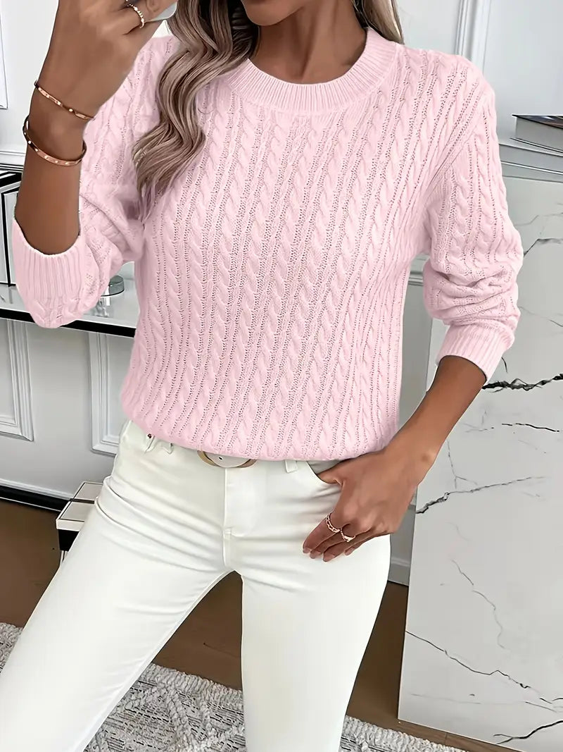 Catharine | Cable-Knit Sweater White Wool Crew Neck Long Sleeve for Women