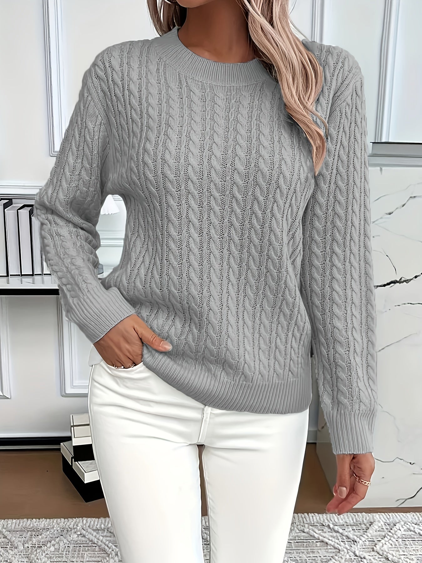 Catharine | Cable-Knit Sweater White Wool Crew Neck Long Sleeve for Women