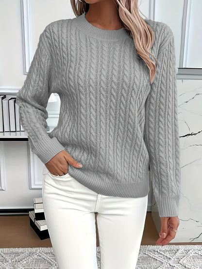 Catharine | Cable-Knit Sweater White Wool Crew Neck Long Sleeve for Women