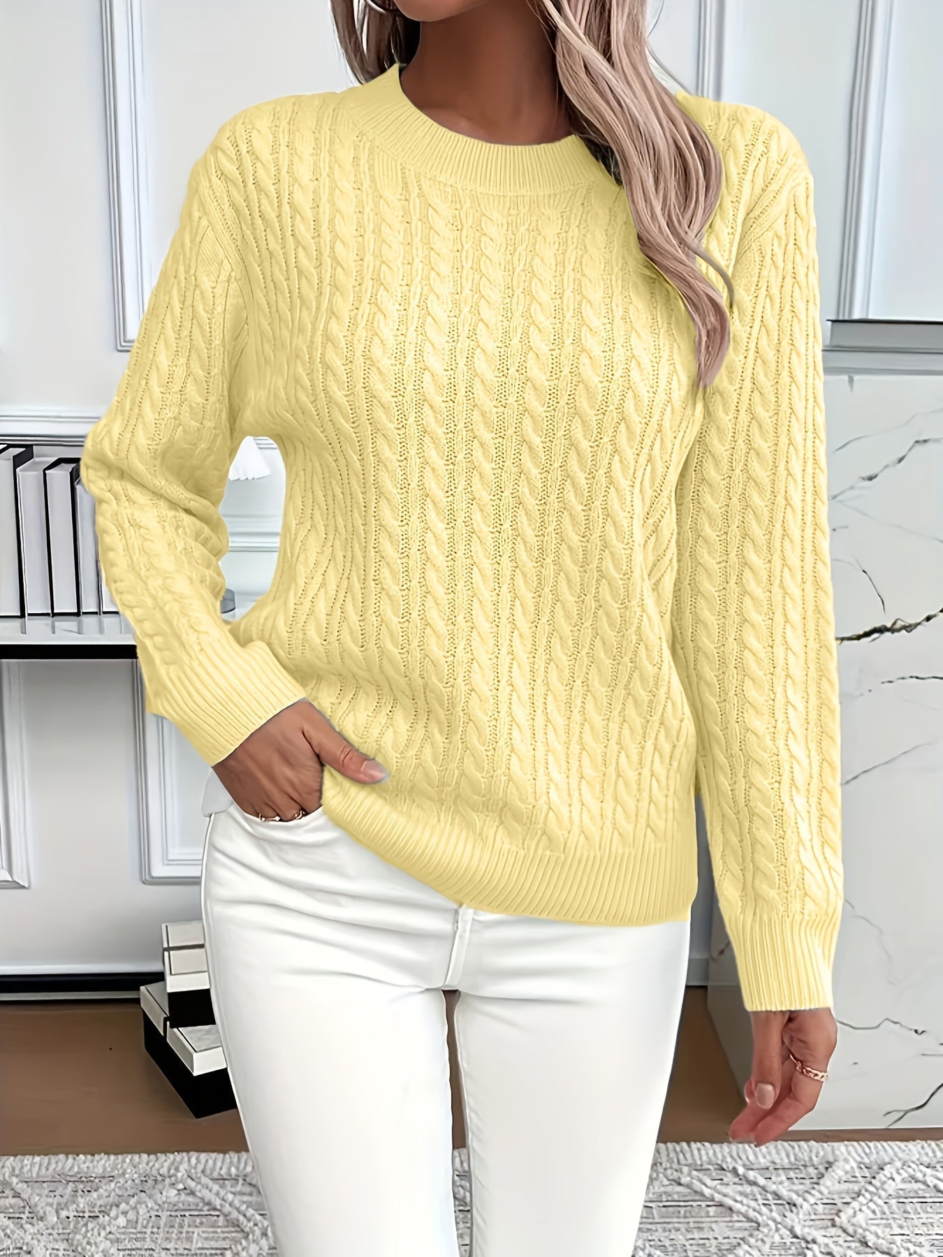 Catharine | Cable-Knit Sweater White Wool Crew Neck Long Sleeve for Women