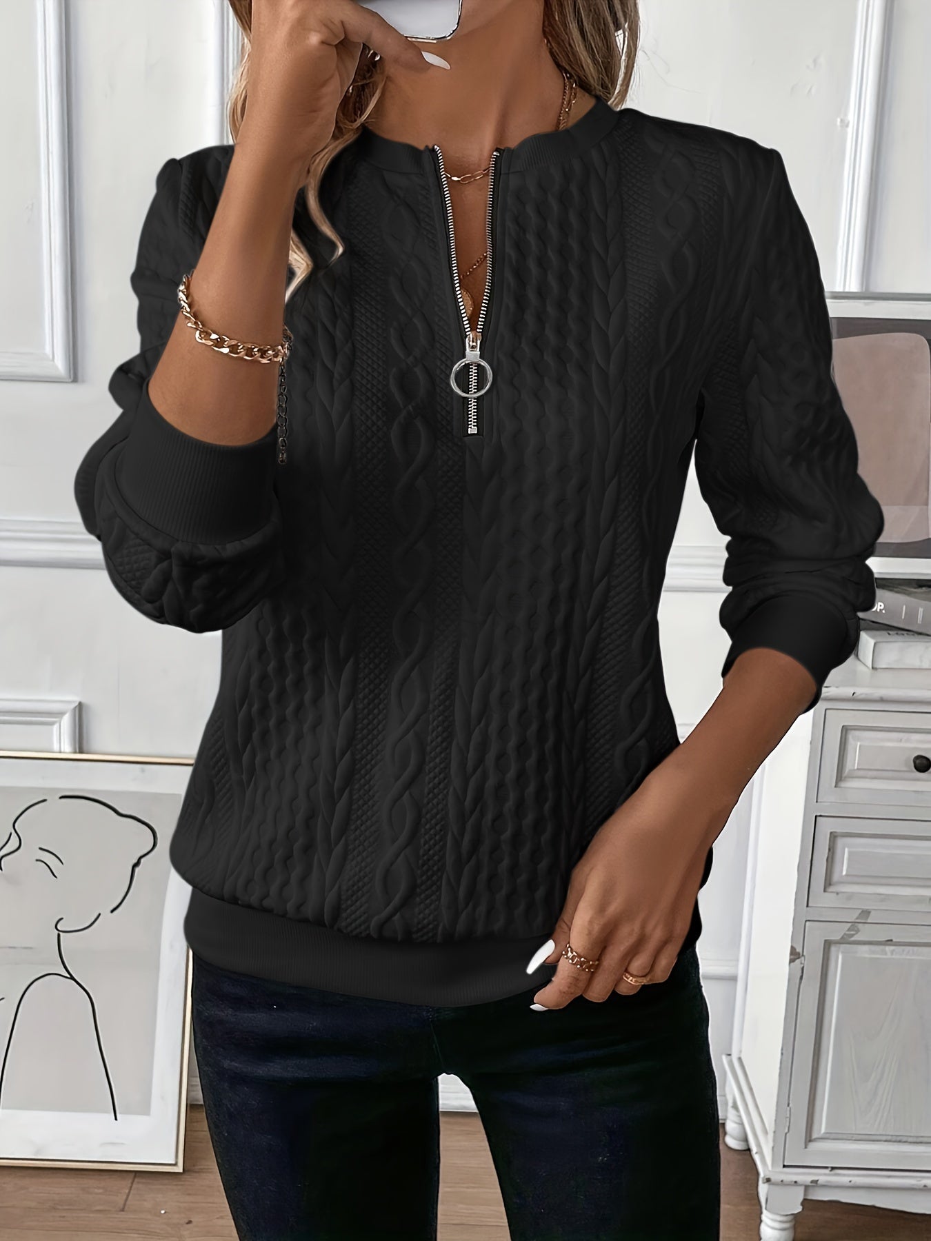 Rosemary | Cable-Knit Sweater Pink Cotton Half-Zip Long Sleeve for Women