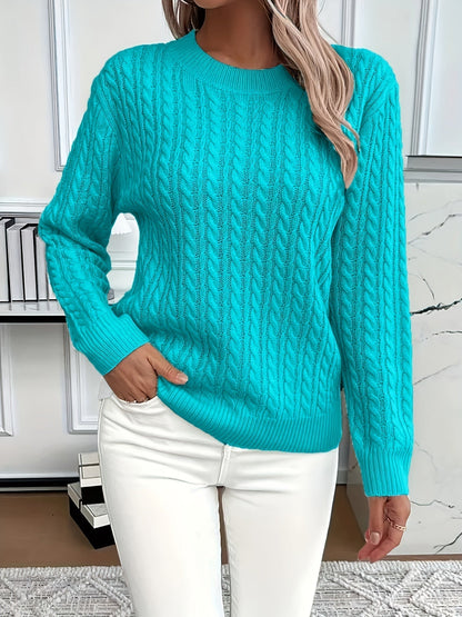 Catharine | Cable-Knit Sweater White Wool Crew Neck Long Sleeve for Women