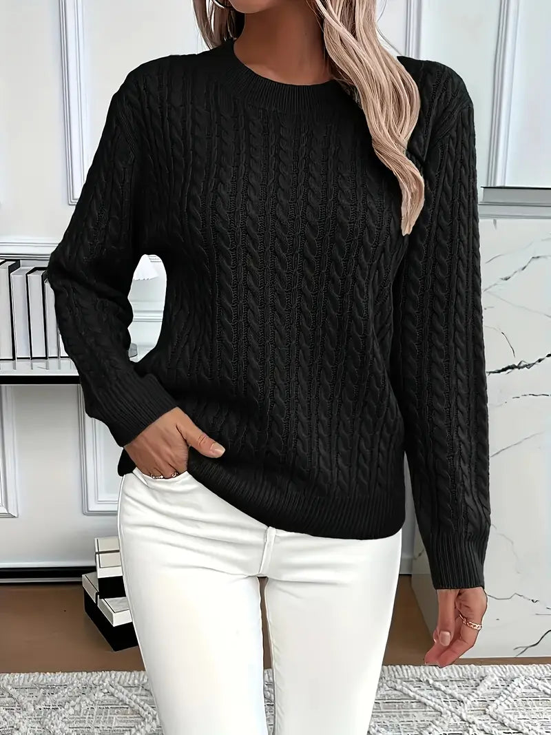 Catharine | Cable-Knit Sweater White Wool Crew Neck Long Sleeve for Women